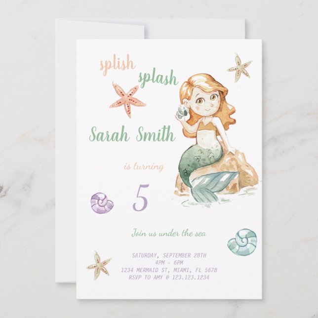 Green mermaid birthday invitation (Front)