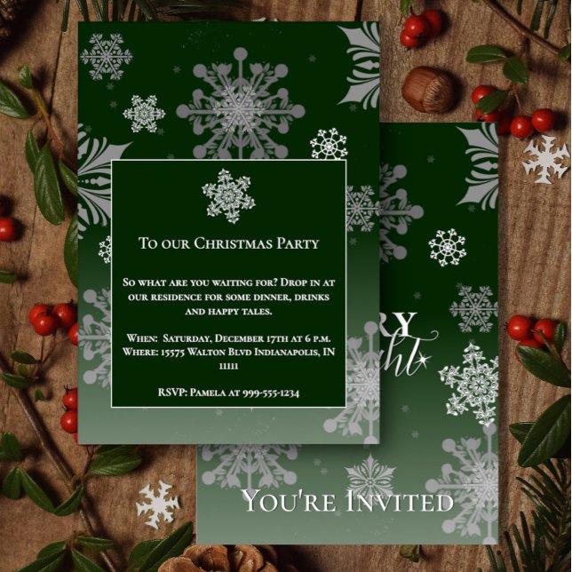 Green Merry and Bright Snowflakes Christmas Party Invitation (Green Merry and Bright Snowflakes Christmas Party Invitation)