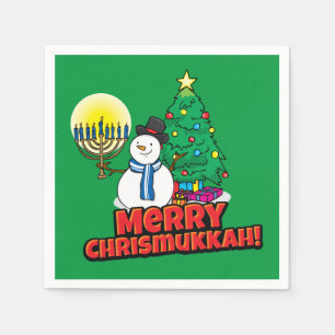 Green Merry Chrismukkah with Snowman and Menorah Napkin