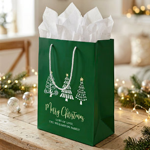 Green Merry Christmas 3 Tree Script Name Whimsical Medium Gift Bag