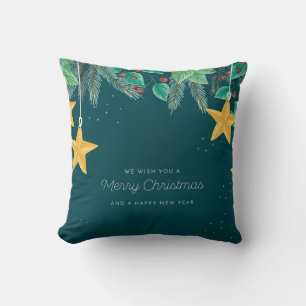 Green Merry Christmas and a Happy New Year Banner Cushion