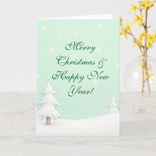 Green Merry Christmas and Snowy Pines Card (Yellow Flower)