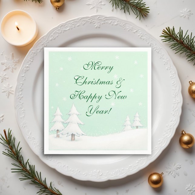 Green Merry Christmas and Snowy Pines Napkin (Creator Uploaded)