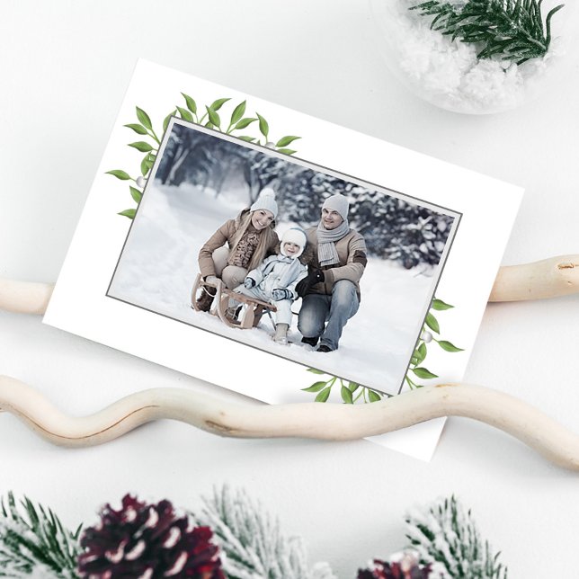 Green Merry Christmas Botanical One Photo Holiday Card (Christmas holiday greenery and foliage simple photo folding card. )