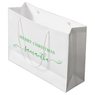 Green Merry Christmas Cute Bow Signature Name Large Gift Bag