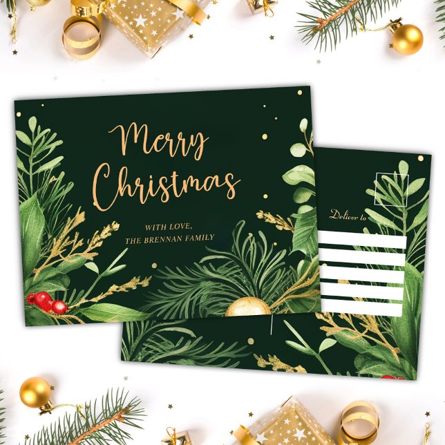 Green Merry Christmas Elegant Modern Greenery Holiday Postcard (Green Merry Christmas Elegant Modern Greenery Holiday Postcard)