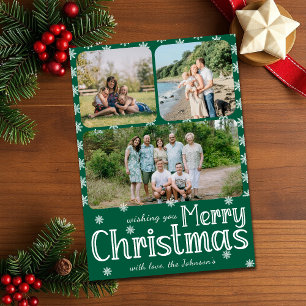 Green Merry Christmas Family Photos & Snowflake Holiday Card