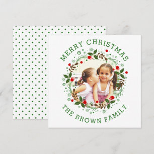 Green Merry Christmas, floral wreath photo Holiday Card