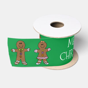 Green Merry Christmas Gingerbread Man Custom  Satin Ribbon