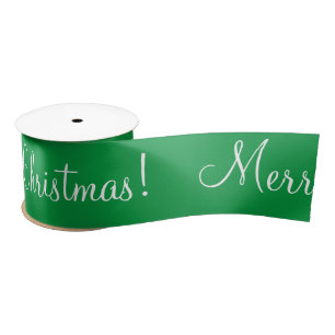 Green Merry Christmas Holiday Script Modern Satin  Ribbon