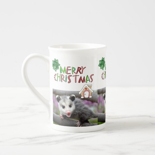 Green Merry Christmas Opossum  Bone China Mug (Left)