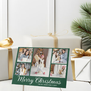 Green Merry Christmas Photo Collage Minimalist Holiday Card