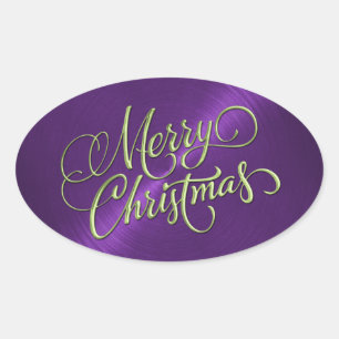 Green Merry Christmas Purple Embossed Look Oval Sticker