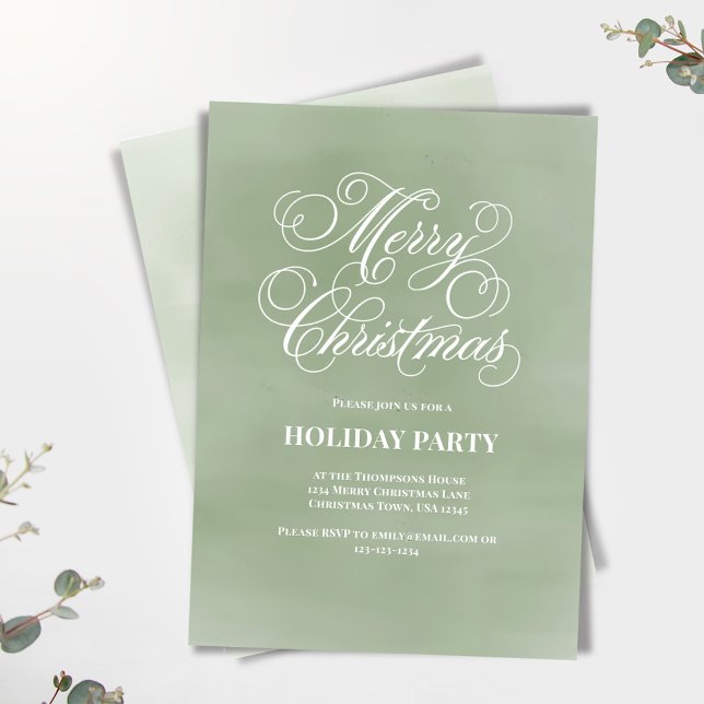 Green Merry Christmas Script Party  Invitation (Merry Christmas green watercolor invitation.)