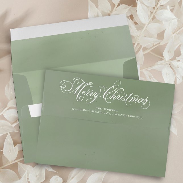 Green Merry Christmas Script Return Address   Envelope (Merry Christmas Calligraphy script Green Envelope.)