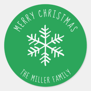 Green Merry Christmas Snowflake Personalised Classic Round Sticker