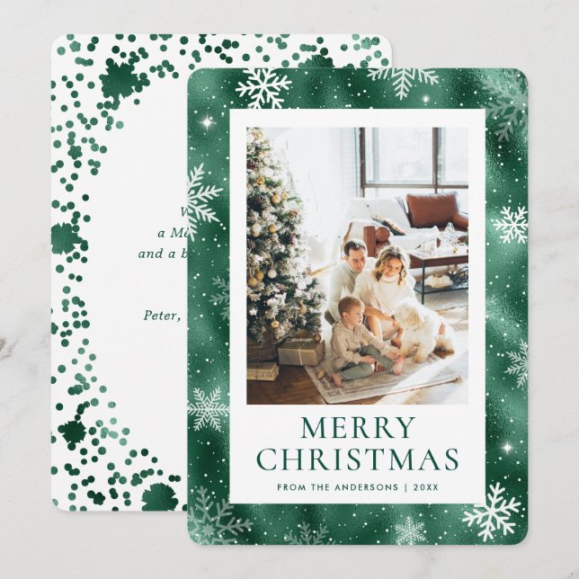 Green Merry Christmas Snowflake Snow Photo Holiday Card (Front/Back)
