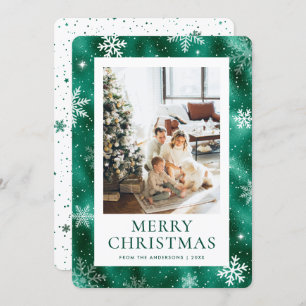 Green Merry Christmas Snowflake Snow Photo Holiday Card