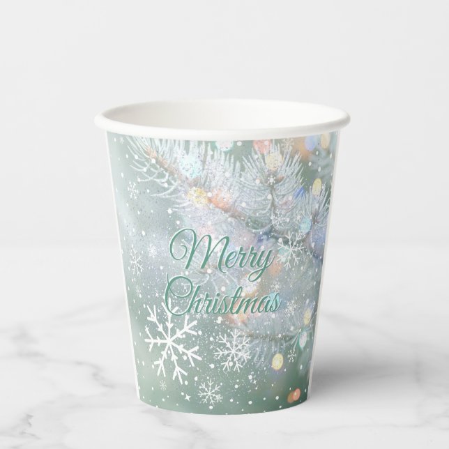 Green Merry Christmas Snowflakes Paper Cups (Front)