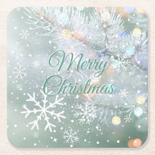 Green Merry Christmas Snowflakes Square Paper Coaster