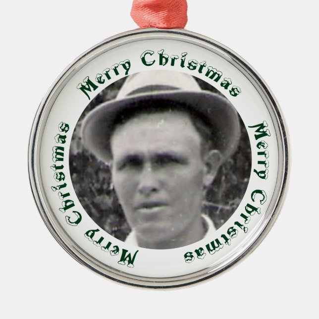 Green Merry Christmas Text Encircles Family Photo Metal Tree Decoration (Front)