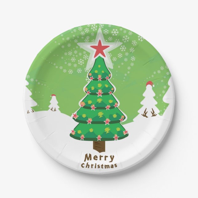 Green Merry Christmas Tree Paper Plate (Front)
