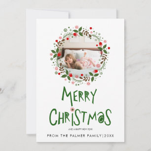 Green Merry Christmas typography and wreath photo Holiday Card
