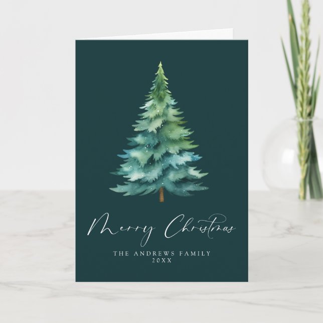 Green Merry Christmas Watercolor Tree Non-Photo Holiday Card (Front)