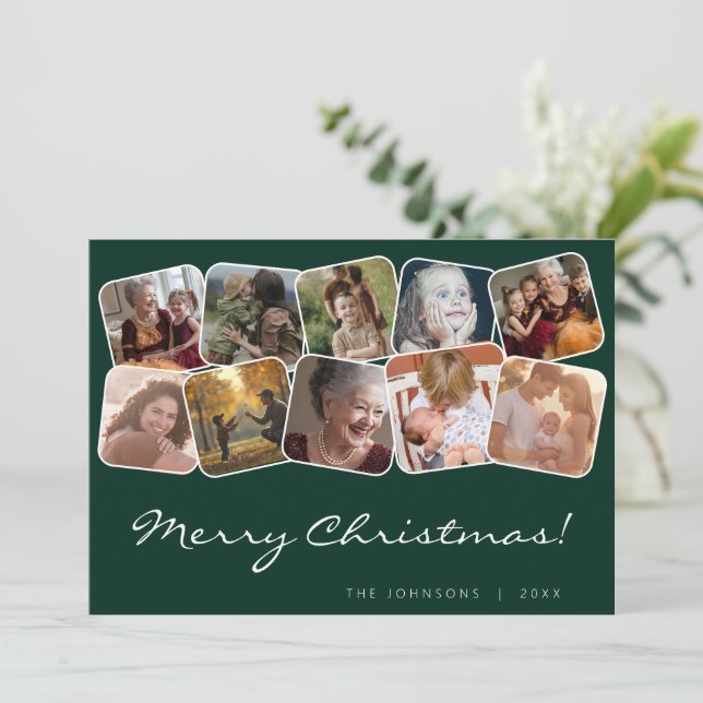 Green Merry Christmas Whit Black 10 Photo Collage Holiday Card (Standing Front)