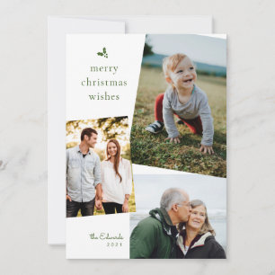 Green Merry Christmas Wishes Three Photo Card