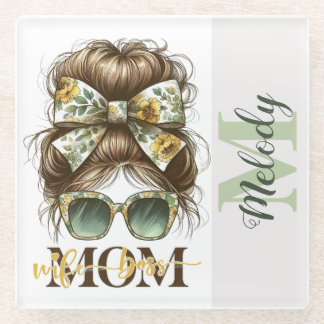 Green Messy Bun Mum Wife Boss Glass Coaster
