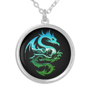 Green Metallic Dragon  Silver Plated Necklace