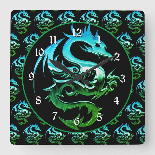 Green Metallic Dragon Square Wall Clock (Front)