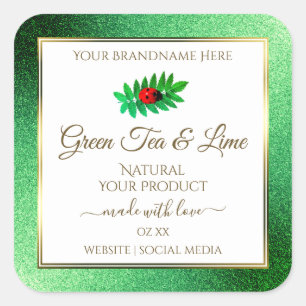 Green Metallic Glitter White Product Label Ladybug