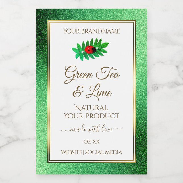 Green Metallic Glitter White Product Label Ladybug (Single Label)
