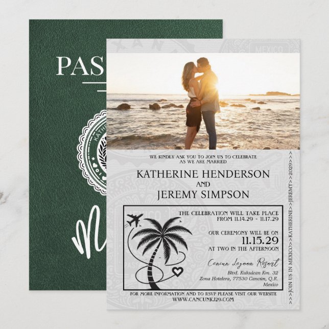 Green Mexico Passport Wedding Invitation (Front/Back)