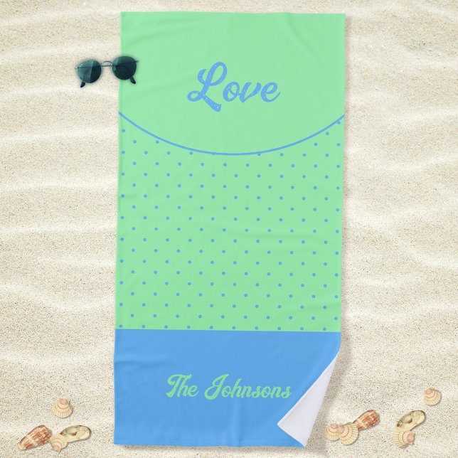 Green Mid Century Blue Retro Dots Summer Love Beach Towel (Love Green Retro Dots Blue Mid Century 50s 60s Beach Towel ©Susanne Sachers - Sunny Mind Design)