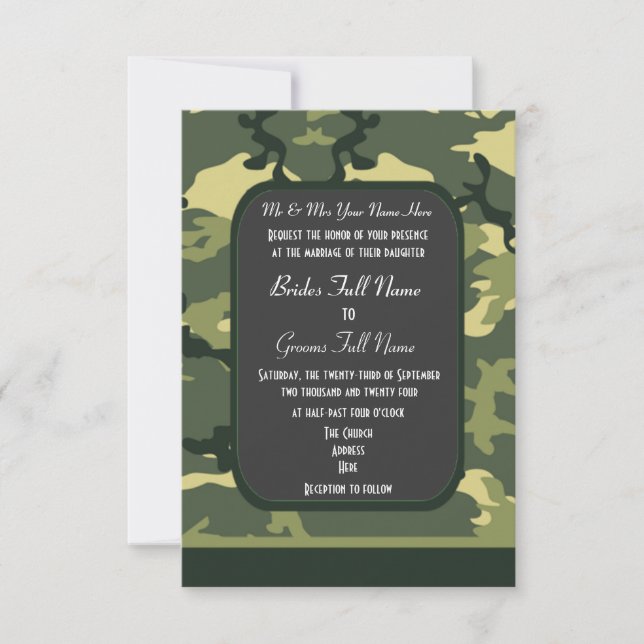 Green military camouflage wedding invitation (Front)
