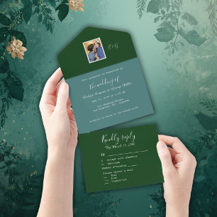 green minimal fancy couple photo monogram all in one invitation