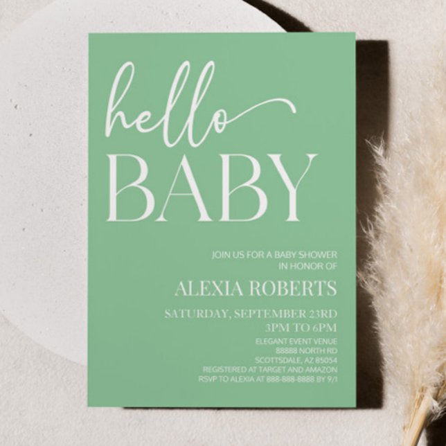 Green Minimal Hello Baby Baby Shower Invitation (Creator Uploaded)