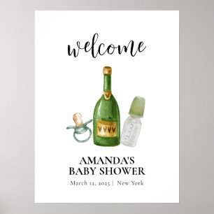 Green Minimal Poppin Champagne Baby Shower Welcome Poster