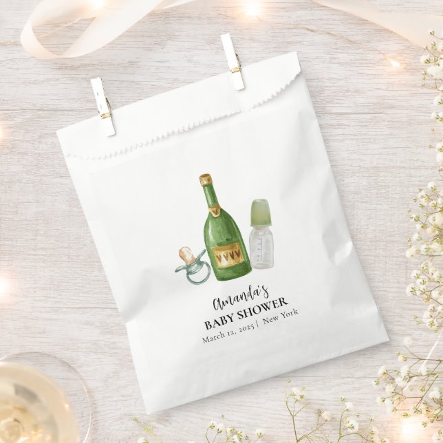 Green Minimal Poppin Champagne Bottles Baby Shower Favour Bags (Clipped)