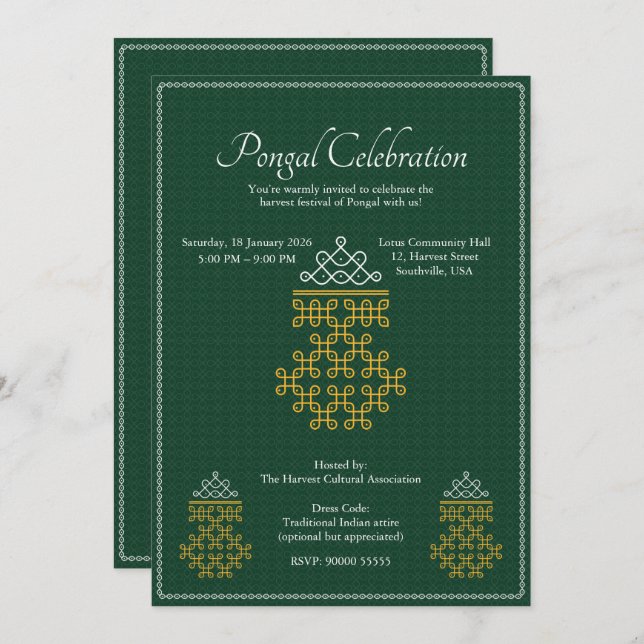 Green Minimal Tamil Kolam Pongal Invitation (Front/Back)