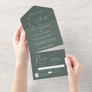 Green Minimal Wedding Elegant Script  All In One Invitation