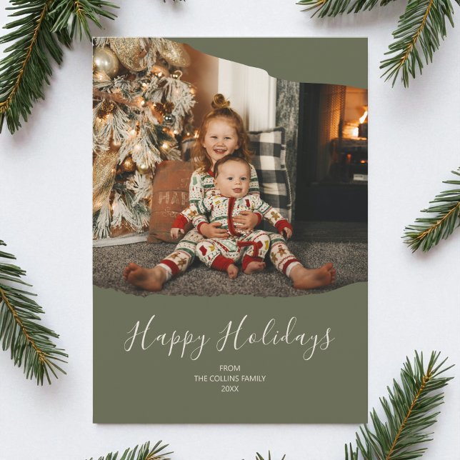 Green Minimalist 2 Photo Happy Holidays Christmas Holiday Card (Green Minimalist 2 Photo Happy Holidays Christmas Holiday Card)