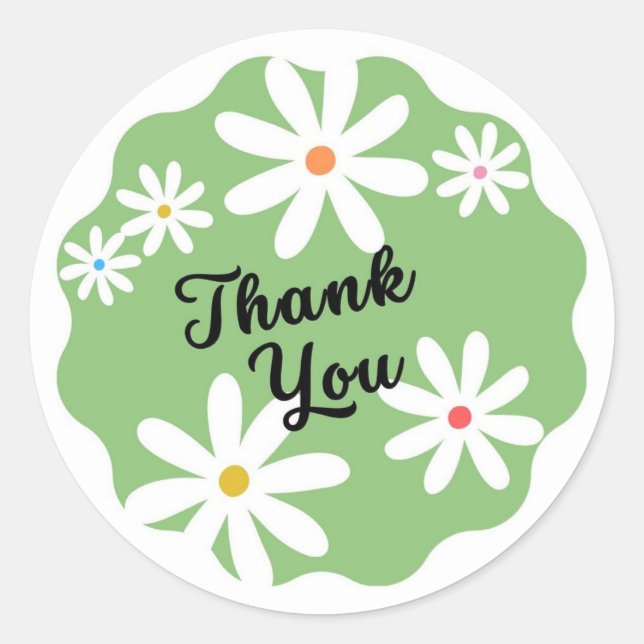 Green Minimalist Aesthetic Daisy Flower Thank You  Classic Round Sticker (Front)