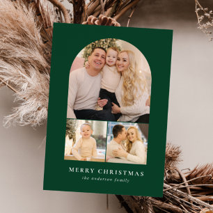Green Minimalist Arch 3 Photo Holiday Card