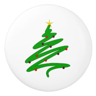 Green Minimalist Christmas Tree Doodle Ceramic Knob