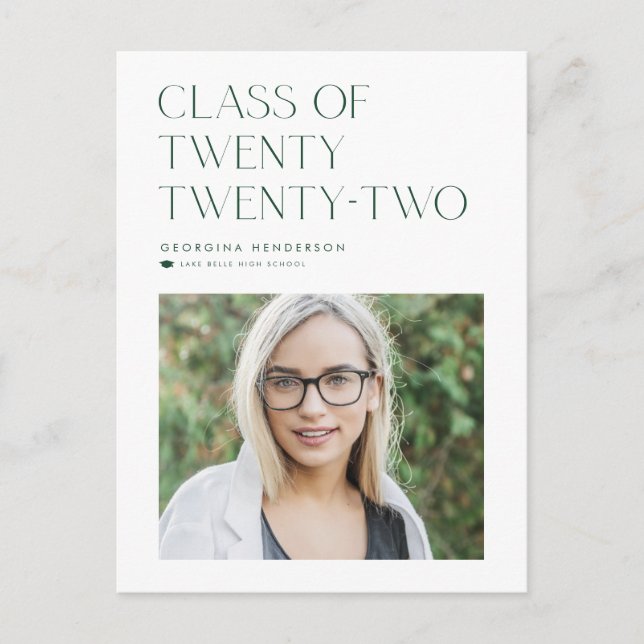 Green Minimalist Class of 2022 Photo Graduation Announcement Postcard (Front)