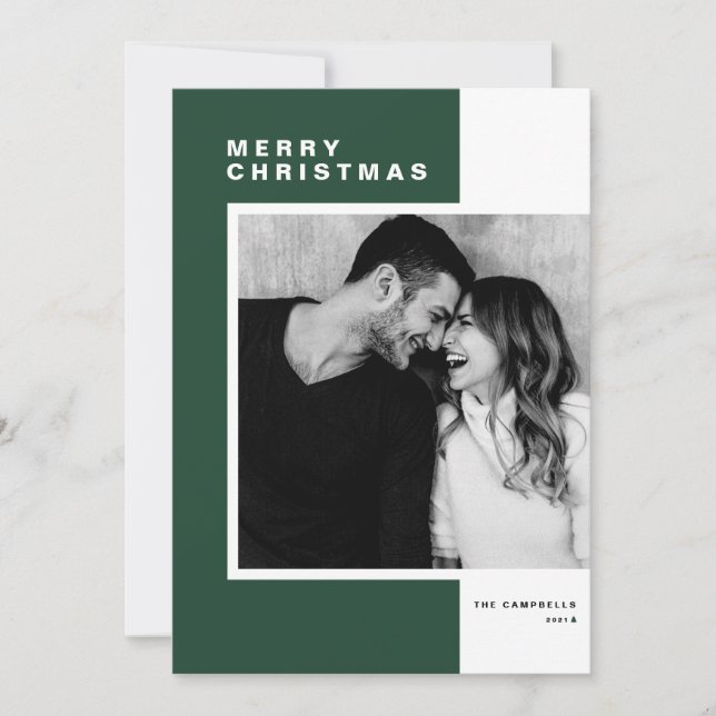 Green Minimalist Colour Block Merry Christmas Phot Holiday Card (Front)